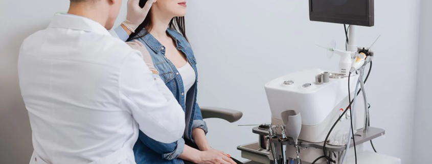 médico fazendo exame em paciência com otorrinolaringologia online