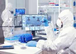 Cientista em pesquisa sobre medicina regenerativa. Está em um laboratório analisando amostras de material genético em frente ao computador