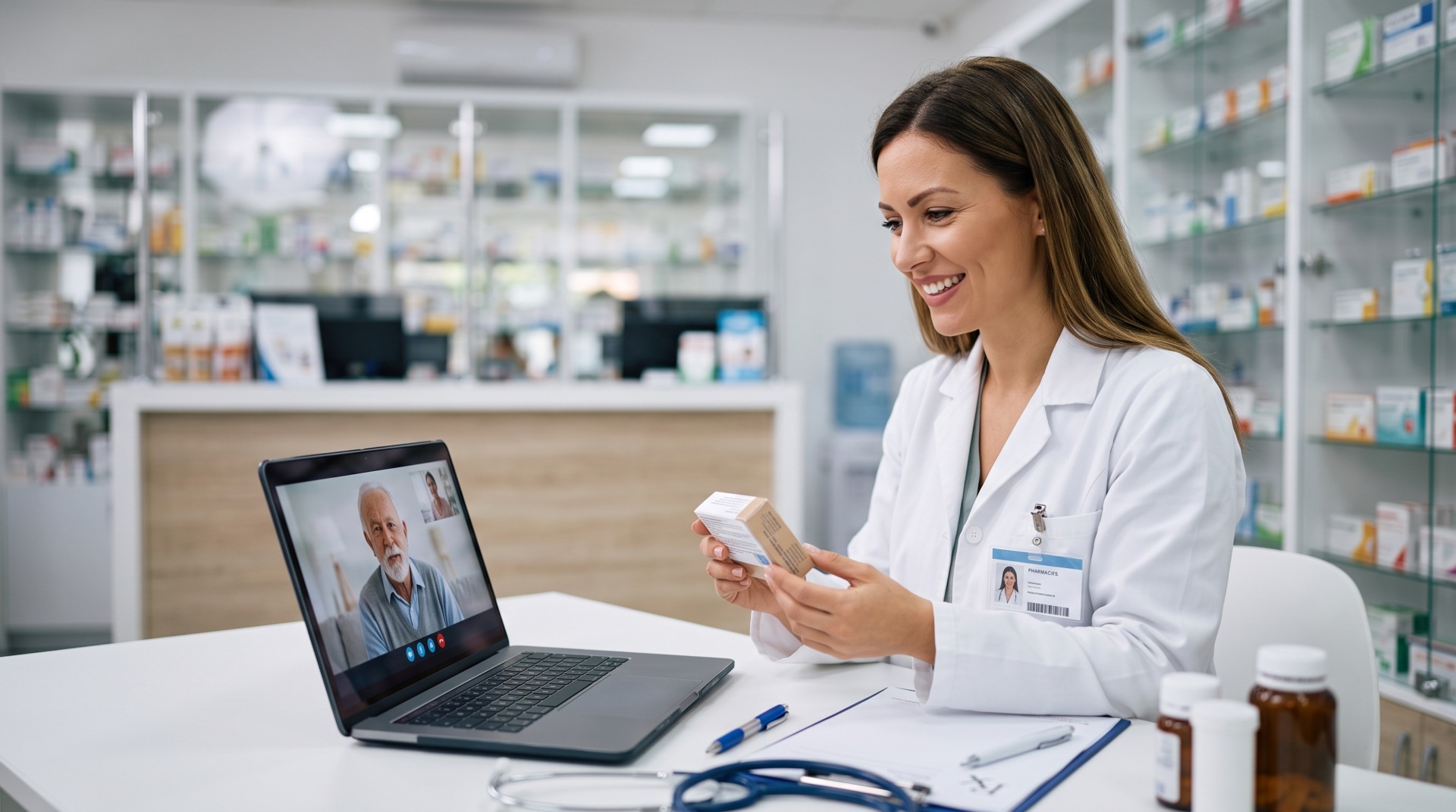 farmaceutica atendendo cliente por telemedicina