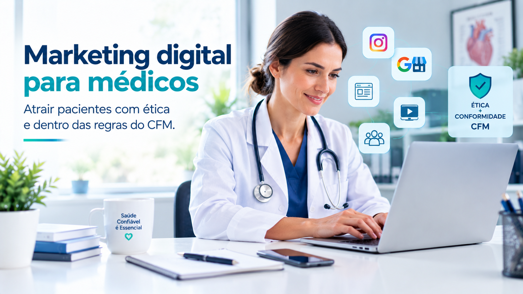 médica em consultório observando notebook e dados sobre marketing para médicos
