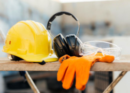 Equipamentos de Proteção Individual em cima de uma mesa de madeira