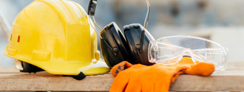 Equipamentos de Proteção Individual em cima de uma mesa de madeira