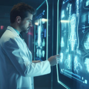 médico em pé analisando radiografia em painel digital moderno