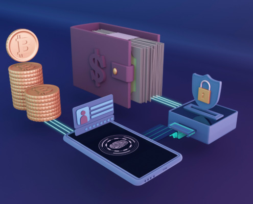 arte representando carteira com diferentes moedas financeiras