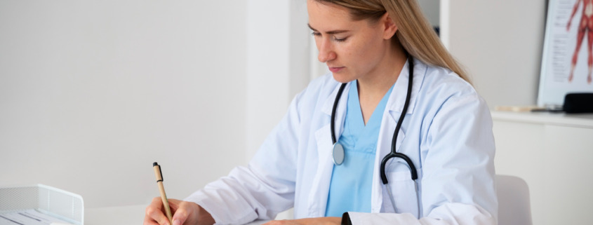 mulher médica sentada no consultório anotando em papel