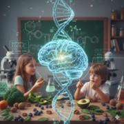 cerebro-neurodivergente crianças reunidas em sala de aula com frutas à mesa e um desenho que remete a molécula ao centro