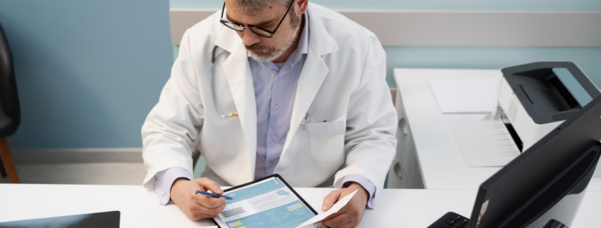 médico sentado em consultório, anotando formulário