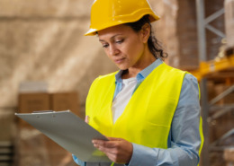 profisisonal de segurança, com colete refletivo amarelo, capacete de proteção em ambiente de trabalho