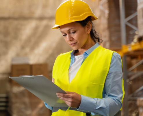 profisisonal de segurança, com colete refletivo amarelo, capacete de proteção em ambiente de trabalho
