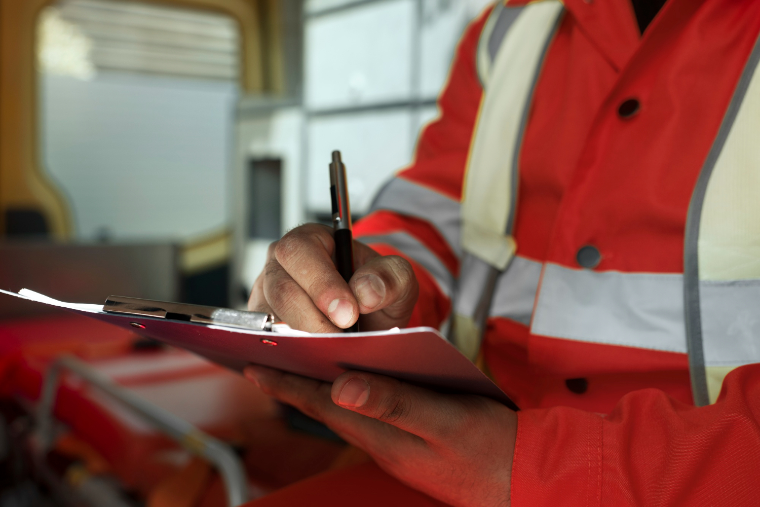 profissional com colete de proteção vermelho, anotando em prancheta em ambiente de trabalho