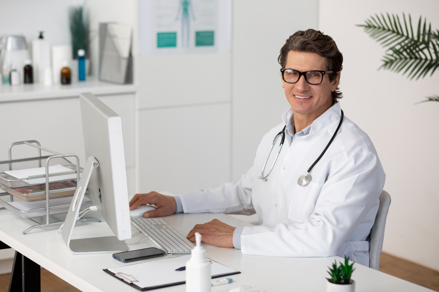 médico em consultório sentado em sua mesa com jaleco branco e estetoscópio no pescoço sorrindo