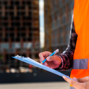 técnico de segurança com coleta laranja e prancheta na mão