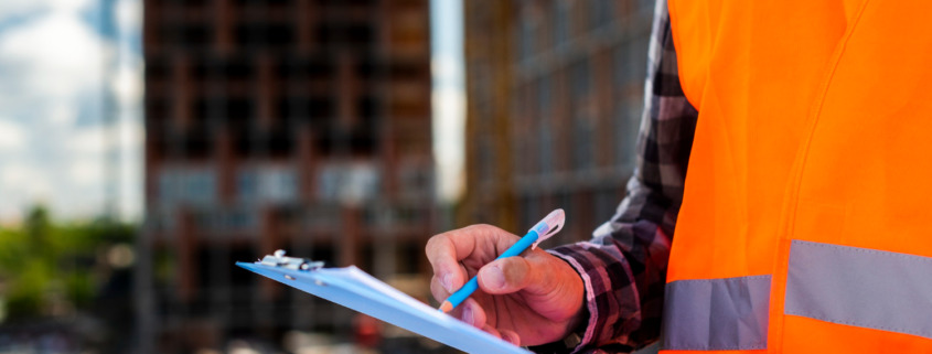 técnico de segurança com coleta laranja e prancheta na mão