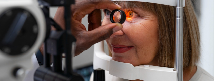 idosa faz exame de vista em aparelho dentro do consultório médico