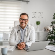 médico em consultório sorrindo e com notebook na mesa