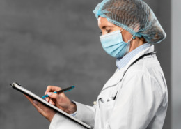 médica com másca preenchendo papel em prancheta