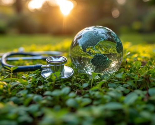 estetoscópio e bola de vidro no solo em gramado verde