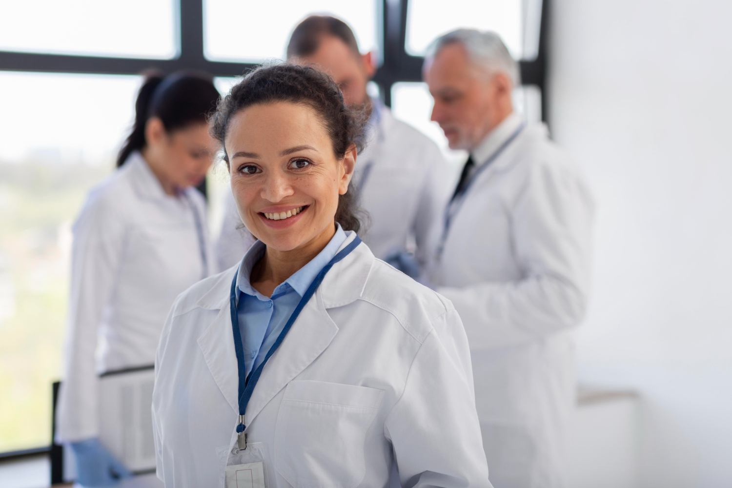 médica com jaleco branco a frente de grupo de médicos reunidos ao fundo