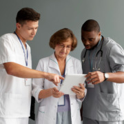 médicos e enfermeiros juntos analisando prancheta