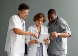 médicos e enfermeiros juntos analisando prancheta