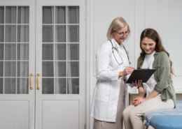 médica conversa com paciente em maca de clínica