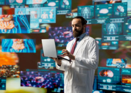 médico em pé na sala rodeado de telas com dados e gráficos digitais, simbolizando a tecnologia