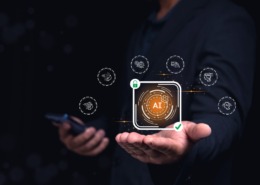 imagem de pessoa usando celular em uma mão e com a palma da outra mão estendida com um quadro virtual escrito IA