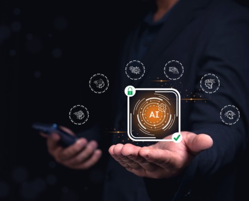 imagem de pessoa usando celular em uma mão e com a palma da outra mão estendida com um quadro virtual escrito IA