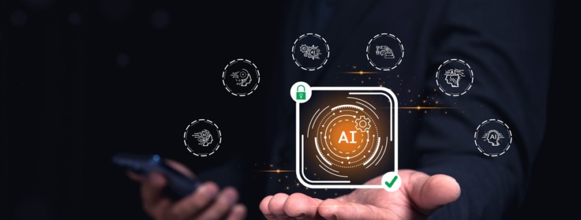 imagem de pessoa usando celular em uma mão e com a palma da outra mão estendida com um quadro virtual escrito IA