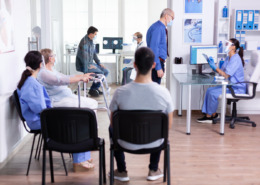 enfermeiros atendendo pacientes na triagem e pacientes aguardando ser chamados