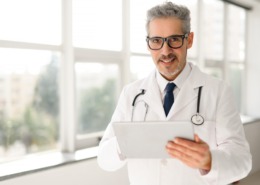 médico em pé em corredor de área hospitalar