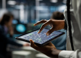 profissional da área da saúde manuseando dados em um tablet