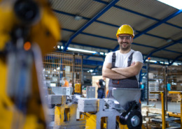 profissional em fábrica de braço cruzado e sorrindo em meio a chão de fábrica ao fundo