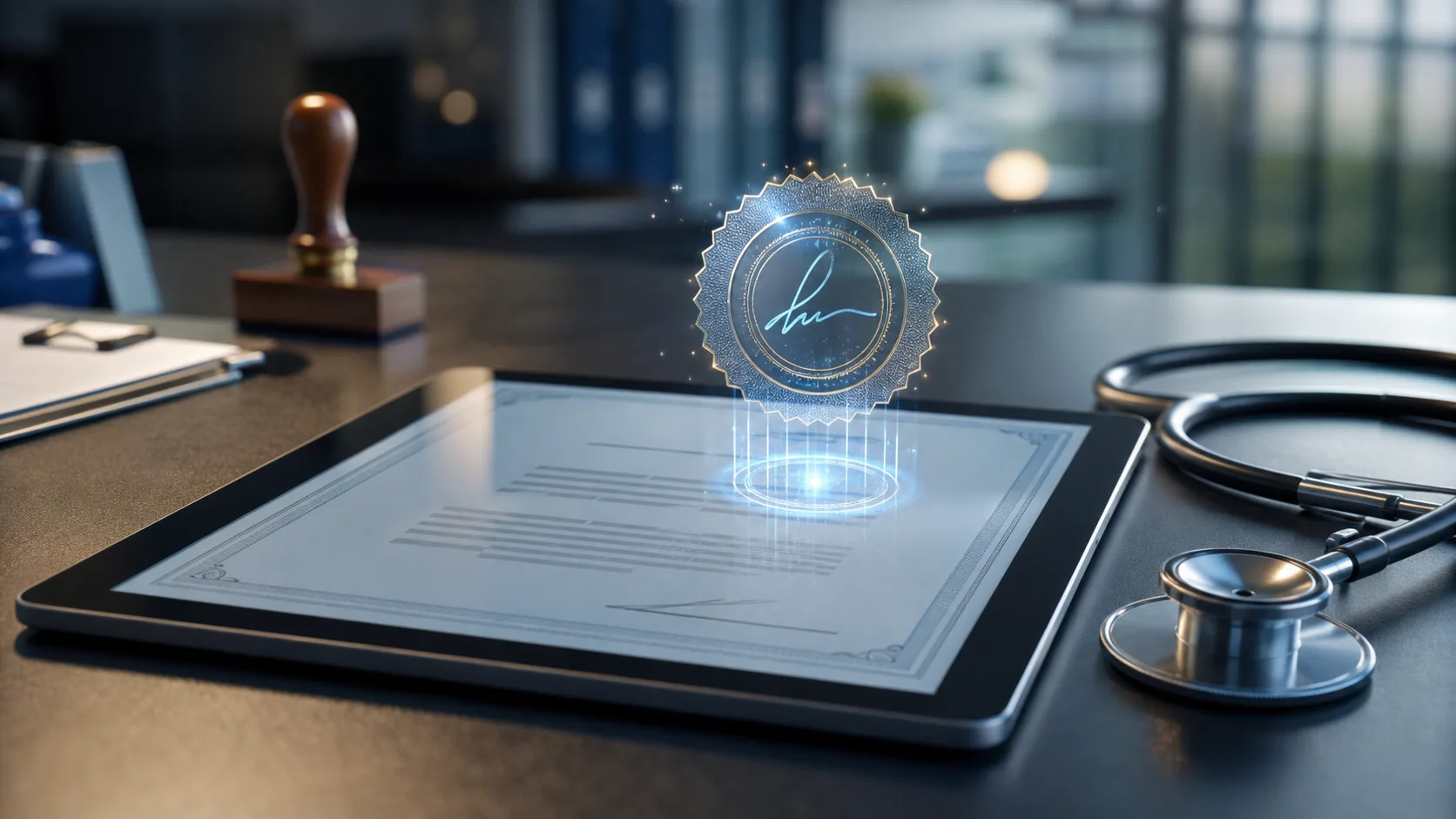 tablet em mesa de escritório representando um ambiente de trabalho moderno e digital