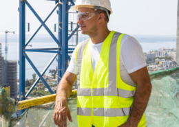 funcionário com EPIs apoiado em plataforma alta olhando para o horizonte