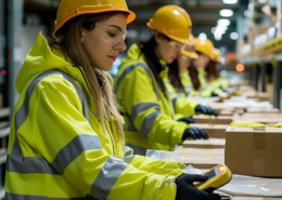 funcionários em linha de produção utilizando EPIs para proteção