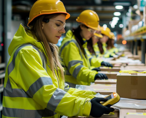funcionários em linha de produção utilizando EPIs para proteção