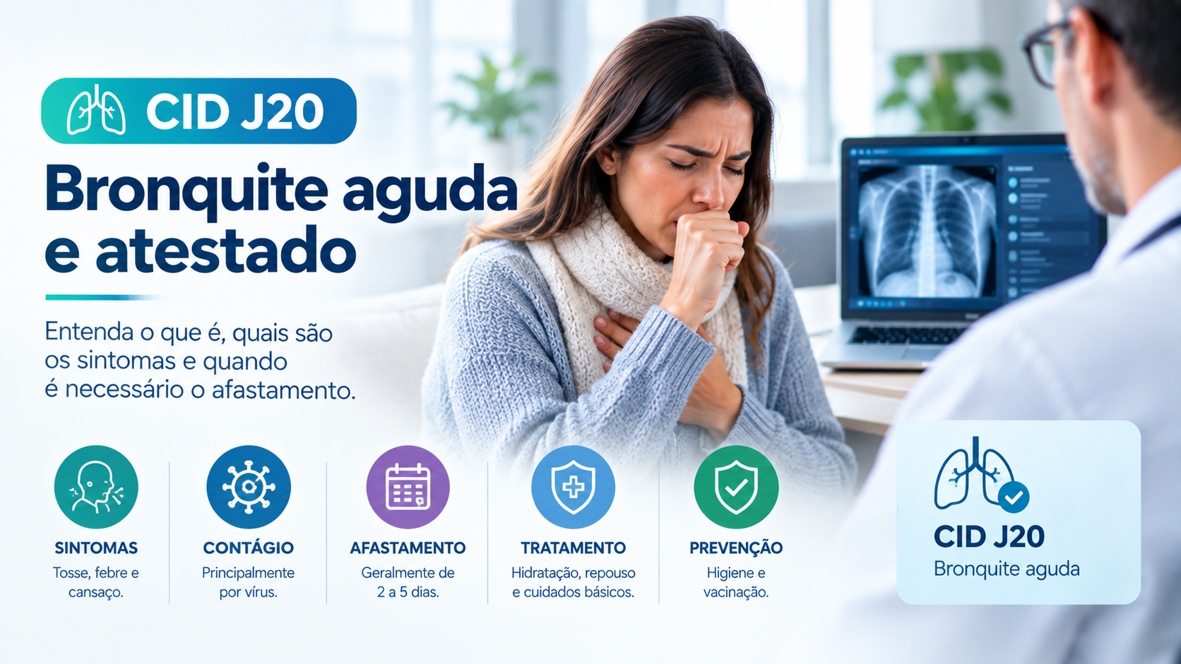 ilustração de paciente com problema respiratório e informações sobre os cuidados necessários com a doença do CID J20
