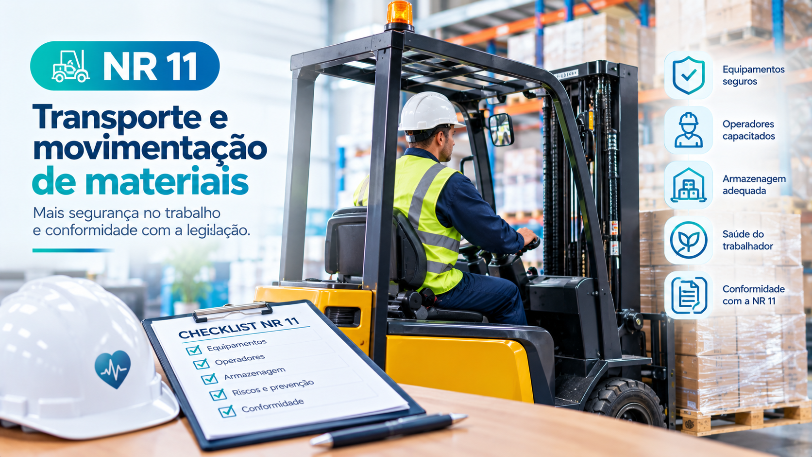 Trabalhador em galpão e orientações sobre NR-11