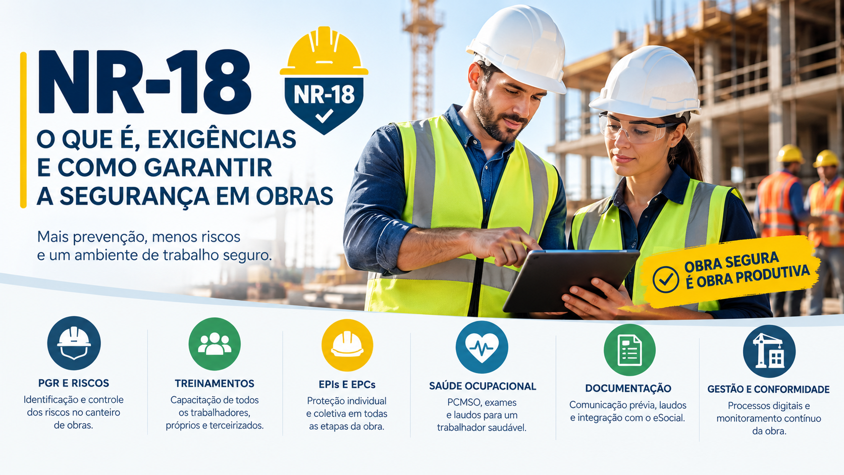 duas pessoas em obra em construção com informações sobre as regras da NR-18