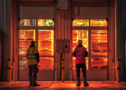 dois bombeiros em área externa de escritório analisando incêndio