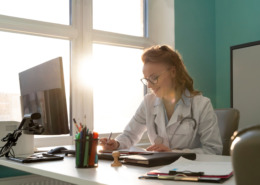 médica em consultório simbolizando gestão de telemedicina