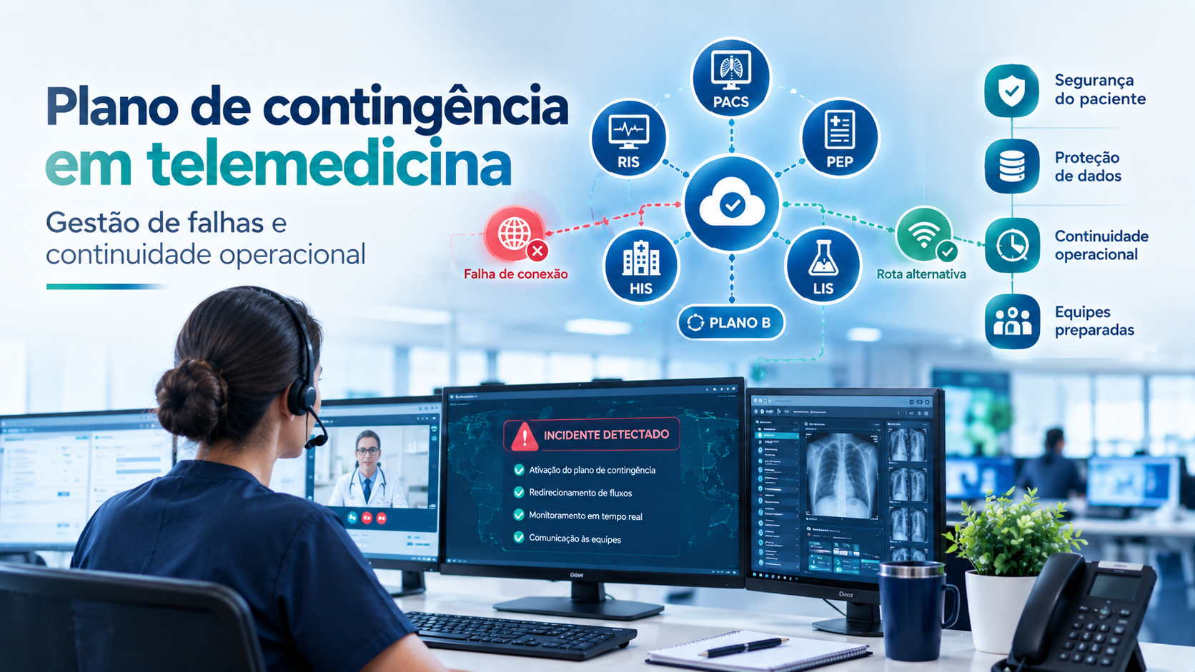 ilustração de profissional de telemedicina na frente do computador com alertas sobre os riscos de ficar sem sistema