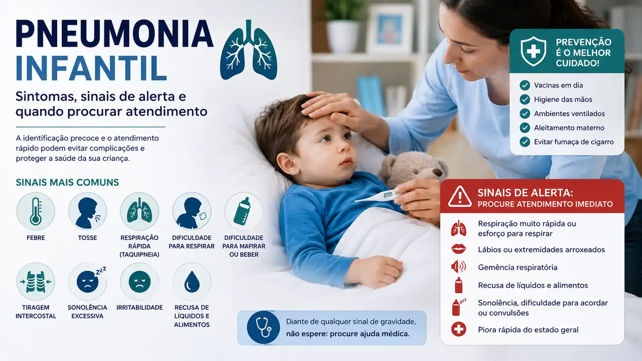 ilustração de médica avaliando criança com textos com sinais de alerta da pneumonia