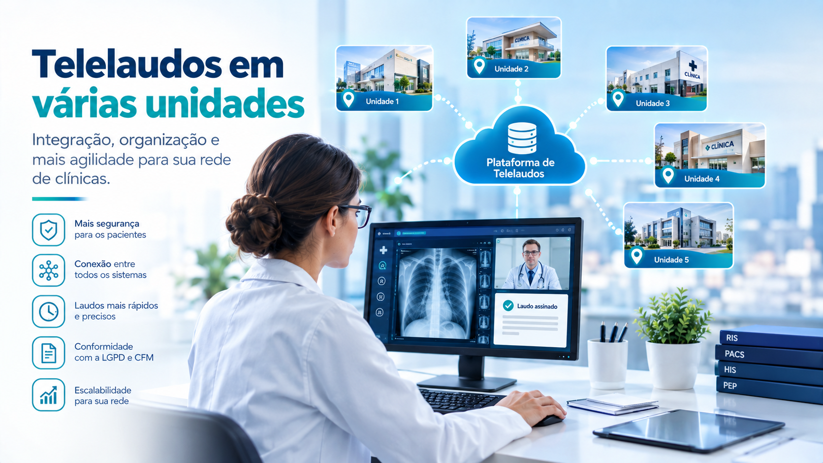 pessoa em clínica médica em chamada por vídeo com orientações sobre telelaudos em clínicas