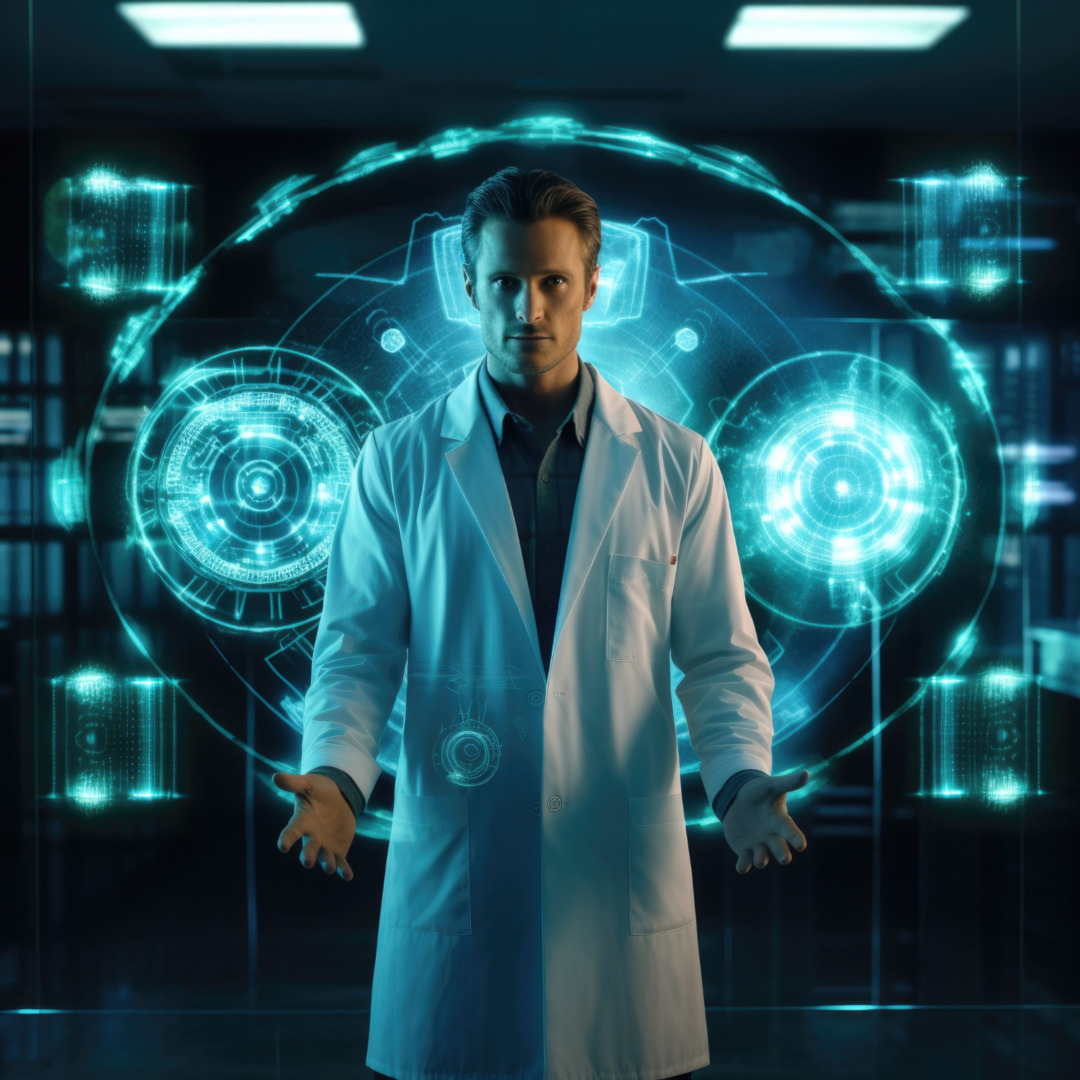 médico em pé com painel digital ao fundo, indicando transformação digital