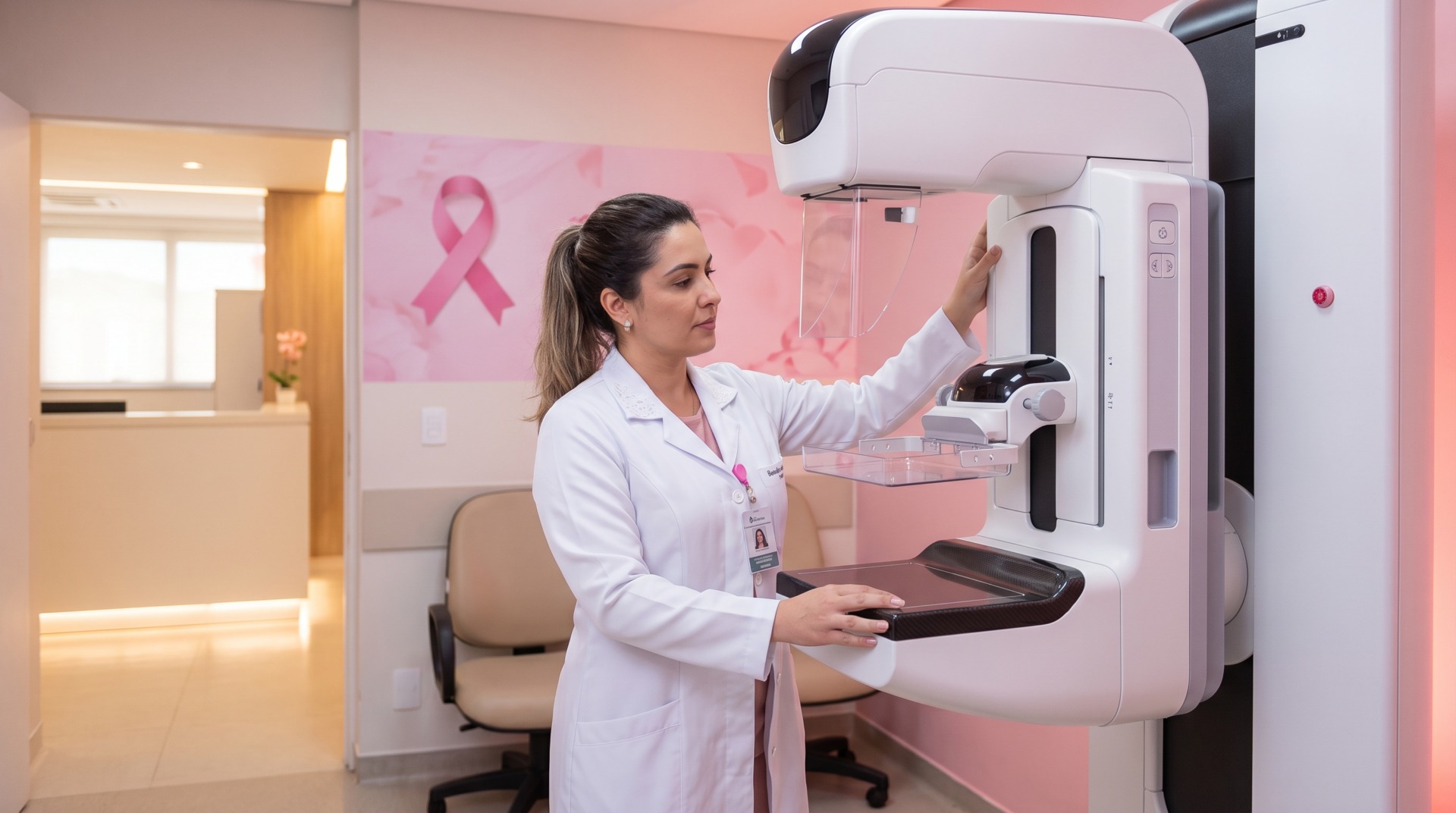 profisisonal de saúde em máquina de mamografia