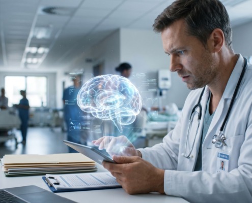 médico utilizando IA em atendimento no hospital
