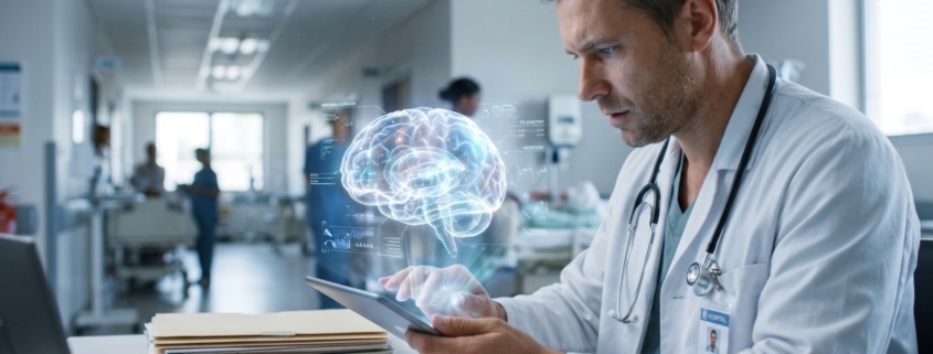 médico utilizando IA em atendimento no hospital