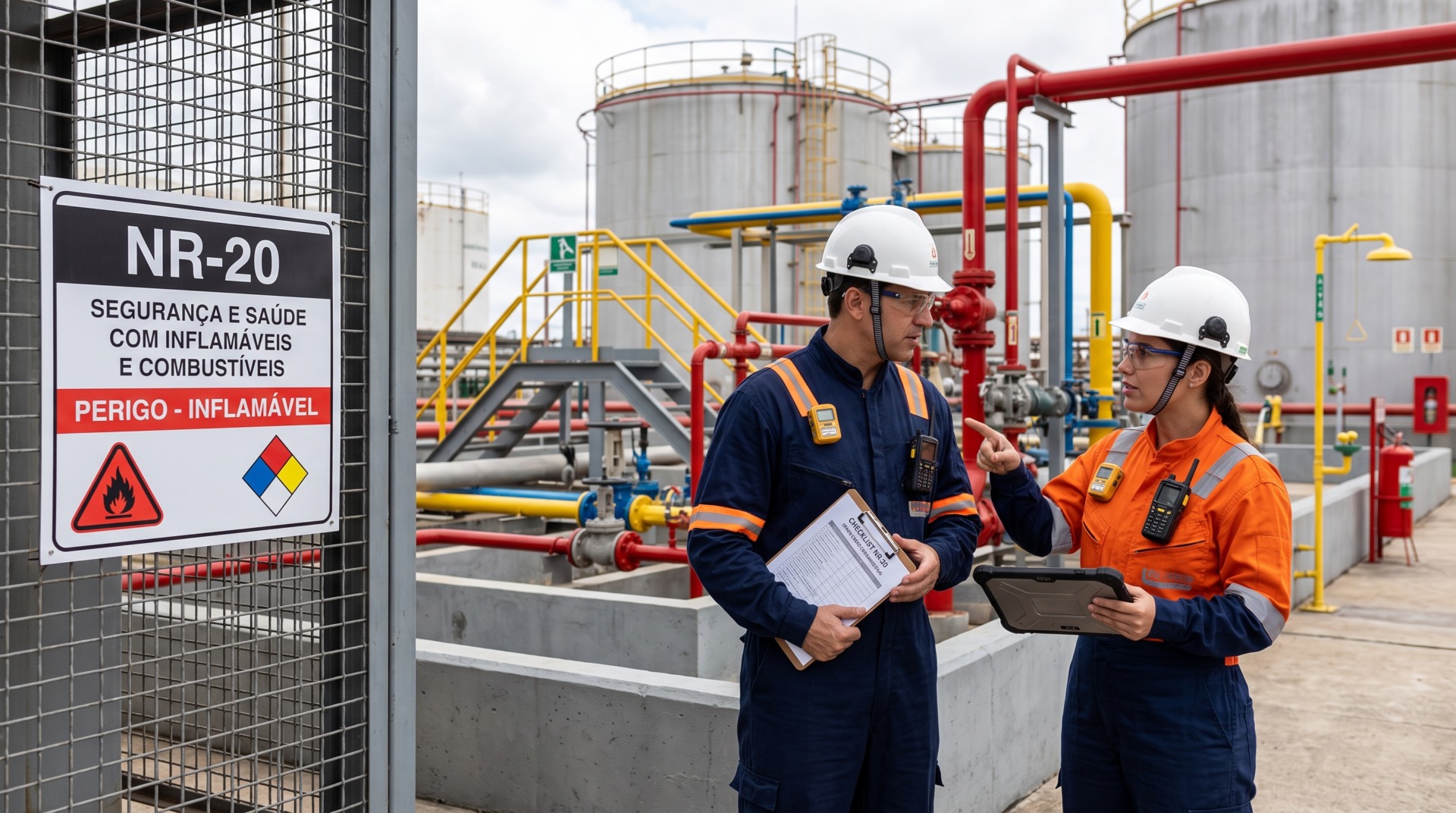 profisisonais de segurança em área externa de complexo industrial, representando a NR-20